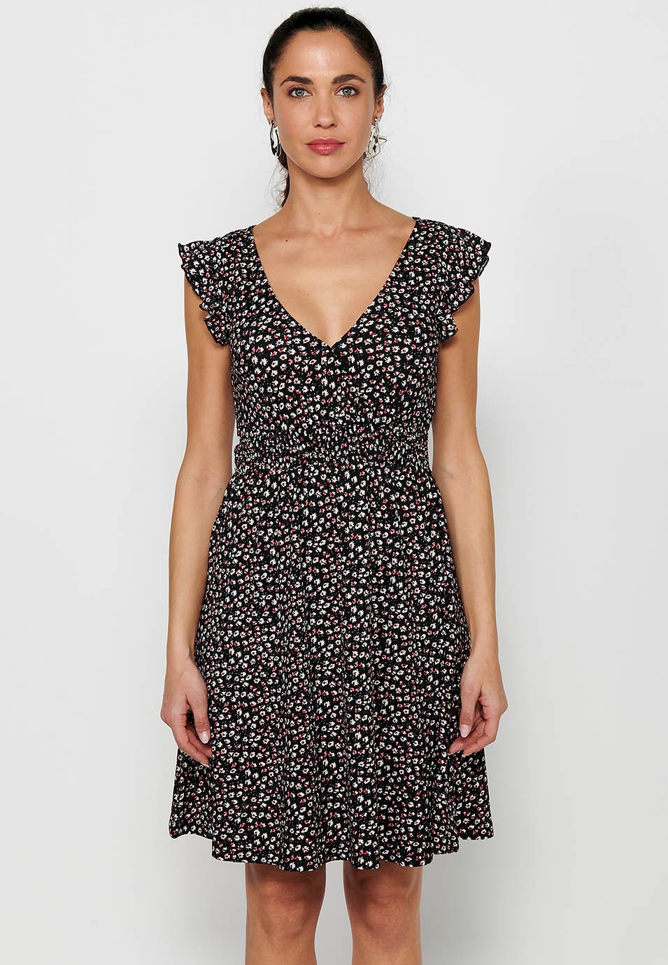 Kurzärmeliges Kleid mit gekreuztem V-Ausschnitt und Blumendruck mit taillierter gummierter Taille in Schwarz für Damen 8