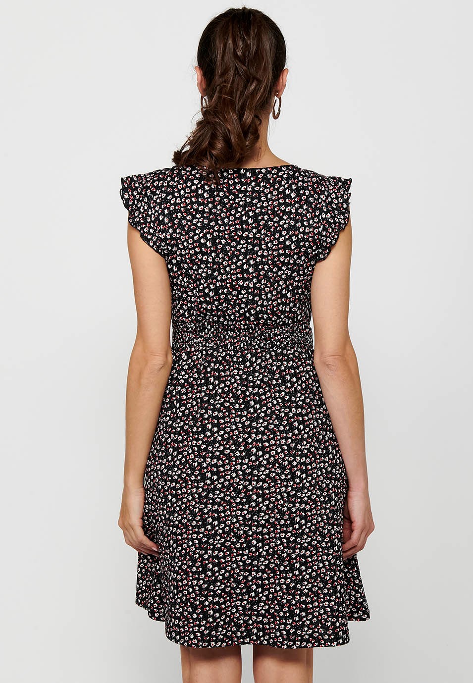 Kurzärmeliges Kleid mit gekreuztem V-Ausschnitt und Blumendruck mit taillierter gummierter Taille in Schwarz für Damen 7
