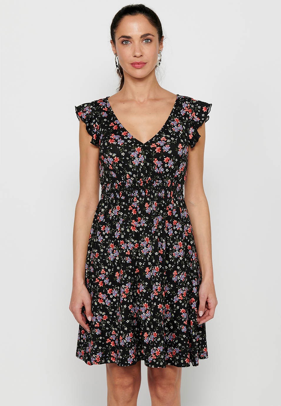 Vestido de manga corta con Escote pico cruzado y Estampado floral con Ajustado en cintura engomada de Color Multicolor para Mujer 2