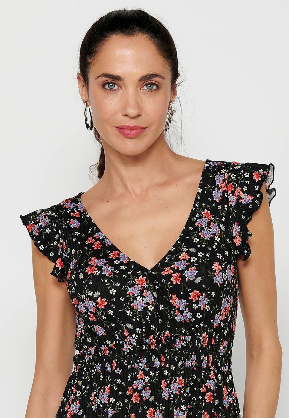 Vestido de manga corta con Escote pico cruzado y Estampado floral con Ajustado en cintura engomada de Color Multicolor para Mujer 3