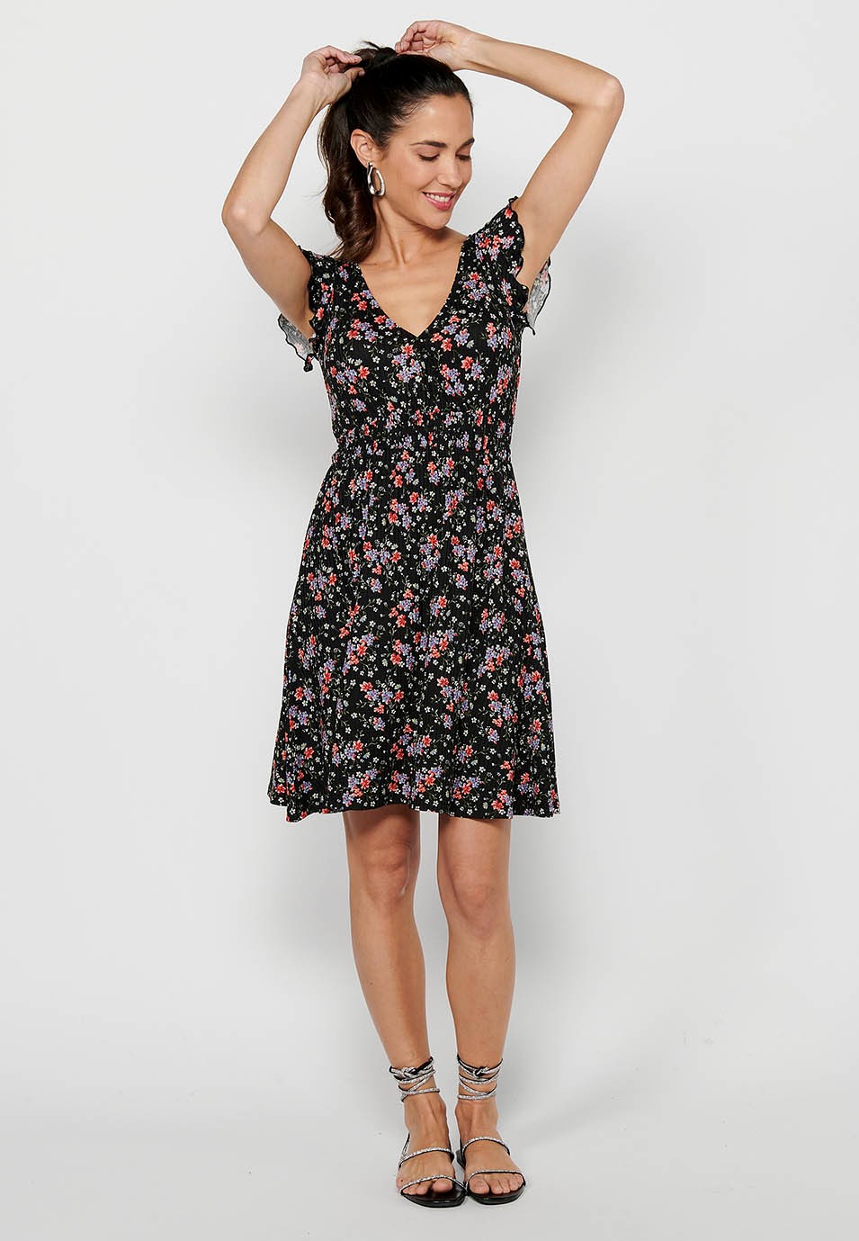 Short-sleeved dress with crossed V-neckline and floral print with fitted rubberized waist in Multicolor for Women 5