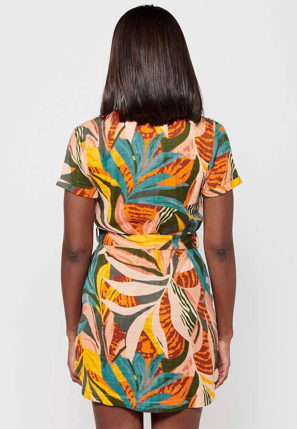 Women's Multicolor Tropical Print Short Sleeve Shirt Dress