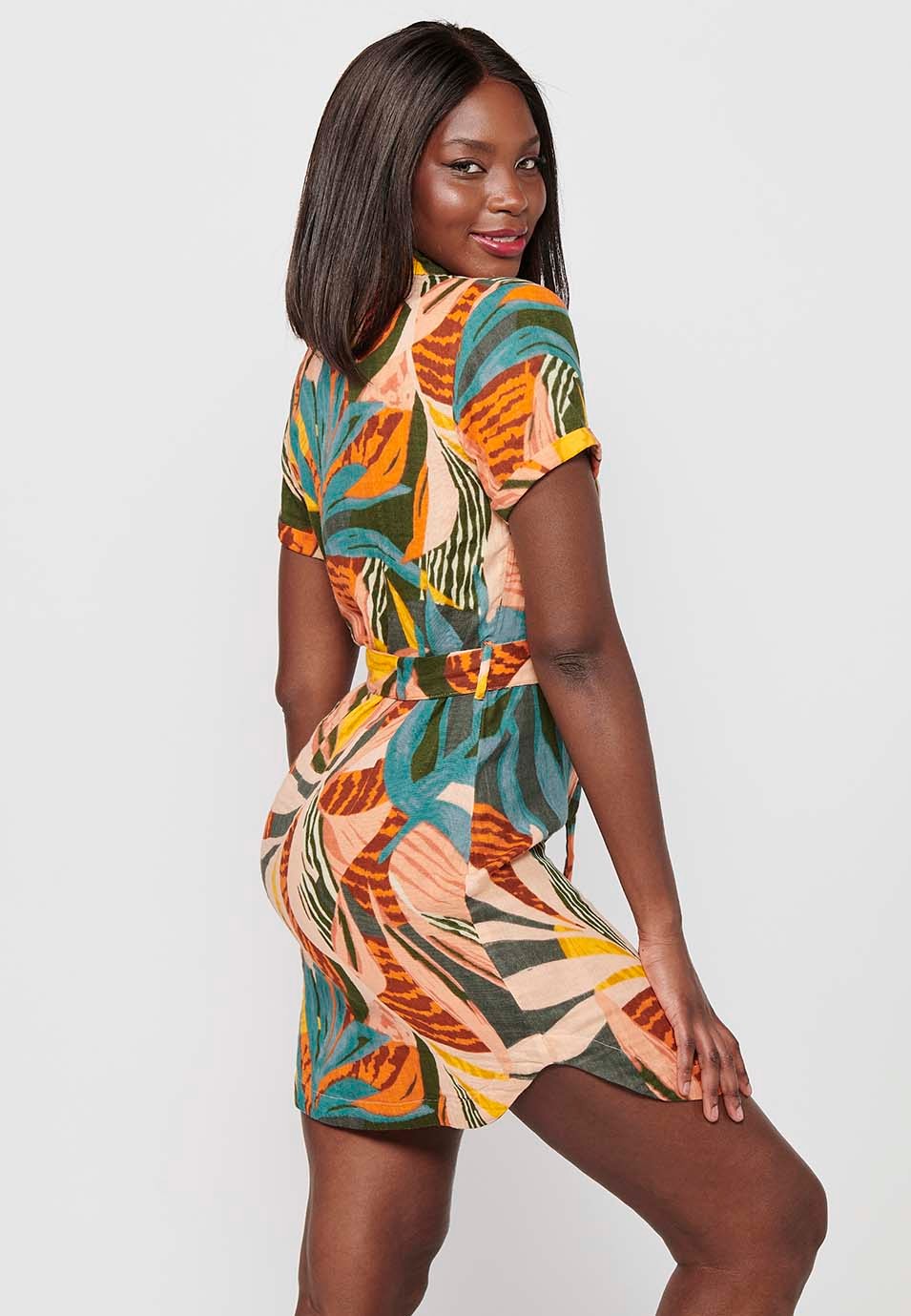 Robe chemise multicolore à manches courtes et imprimé tropical pour femmes