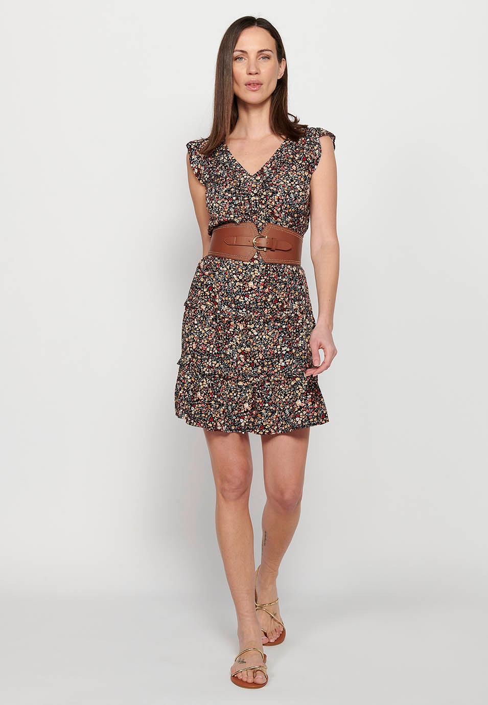 Short sleeveless dress with ruffle detail on the shoulders with V-neckline and Multicolor floral print for Women