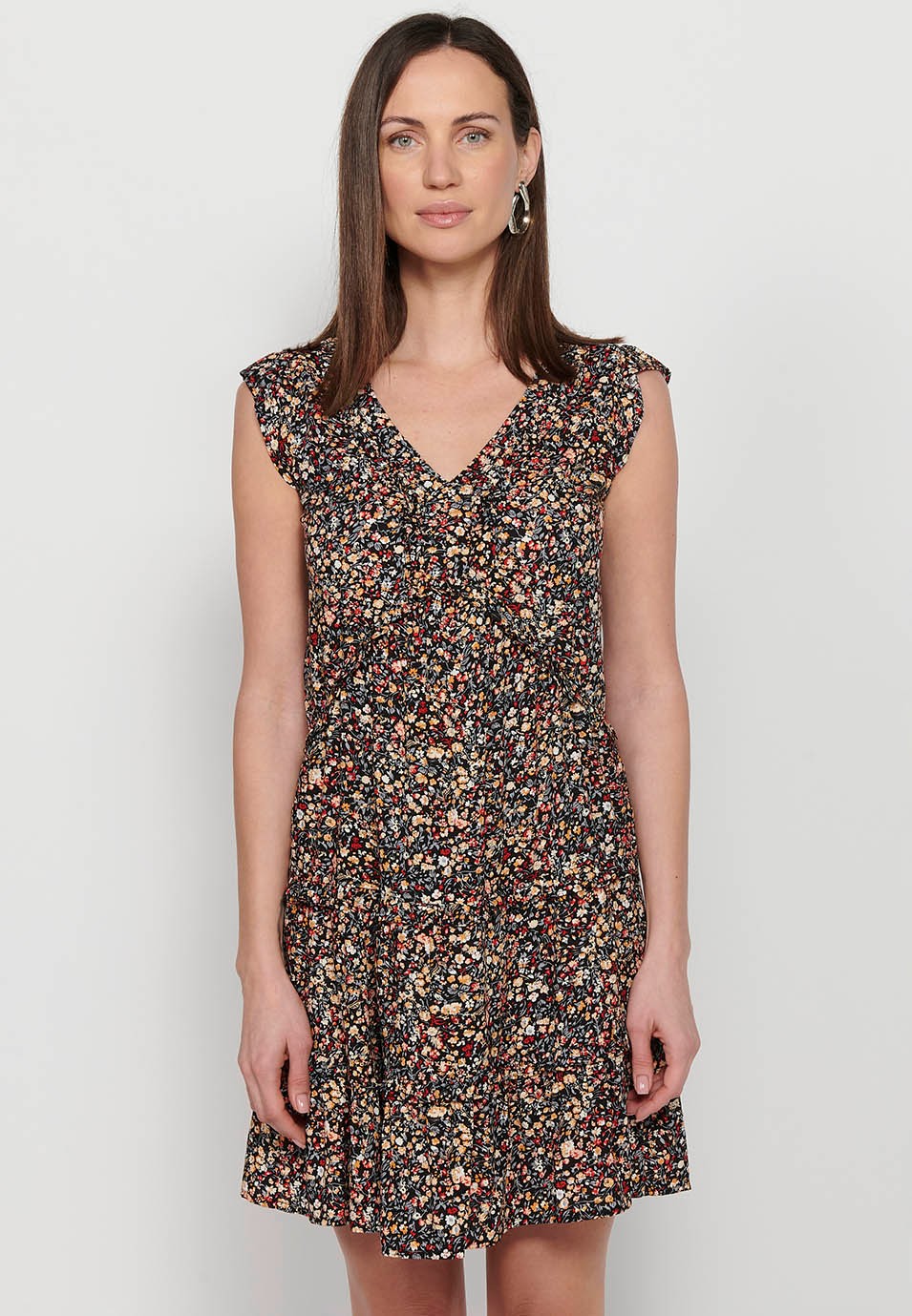 Short sleeveless dress with ruffle detail on the shoulders with V-neckline and Multicolor floral print for Women 1
