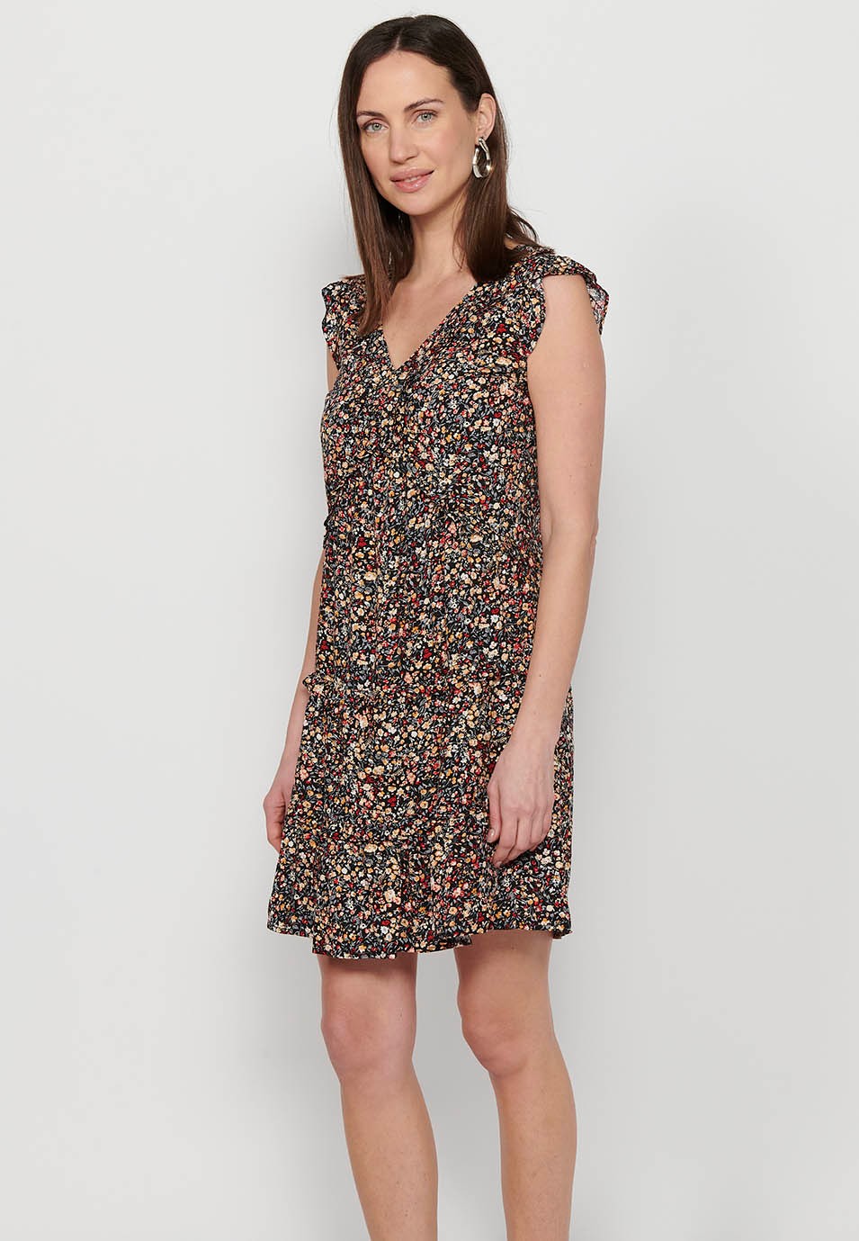 Short sleeveless dress with ruffle detail on the shoulders with V-neckline and Multicolor floral print for Women 3