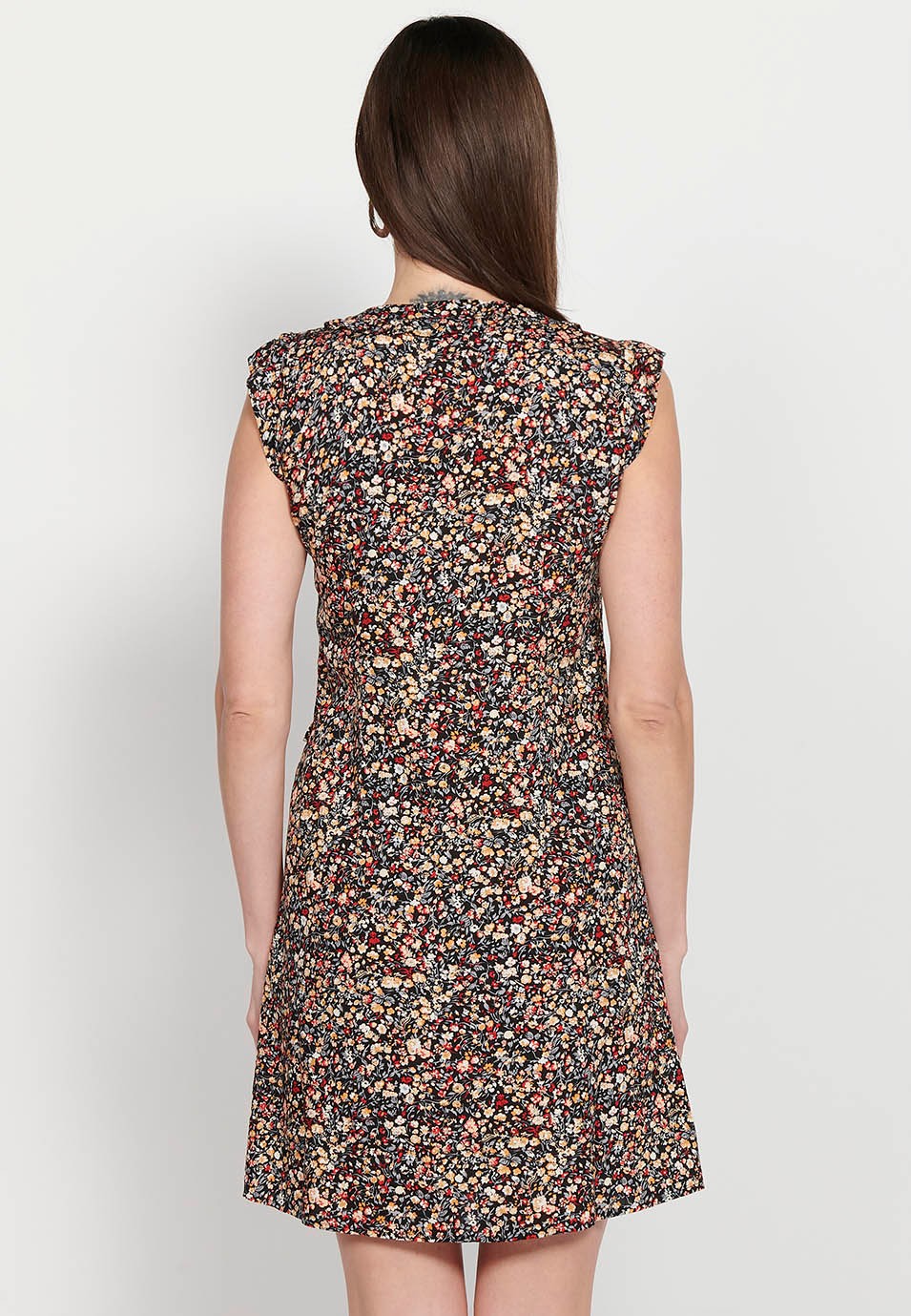 Kurzes ärmelloses Kleid mit Rüschendetail an den Schultern, V-Ausschnitt und mehrfarbigem Blumendruck für Damen 6