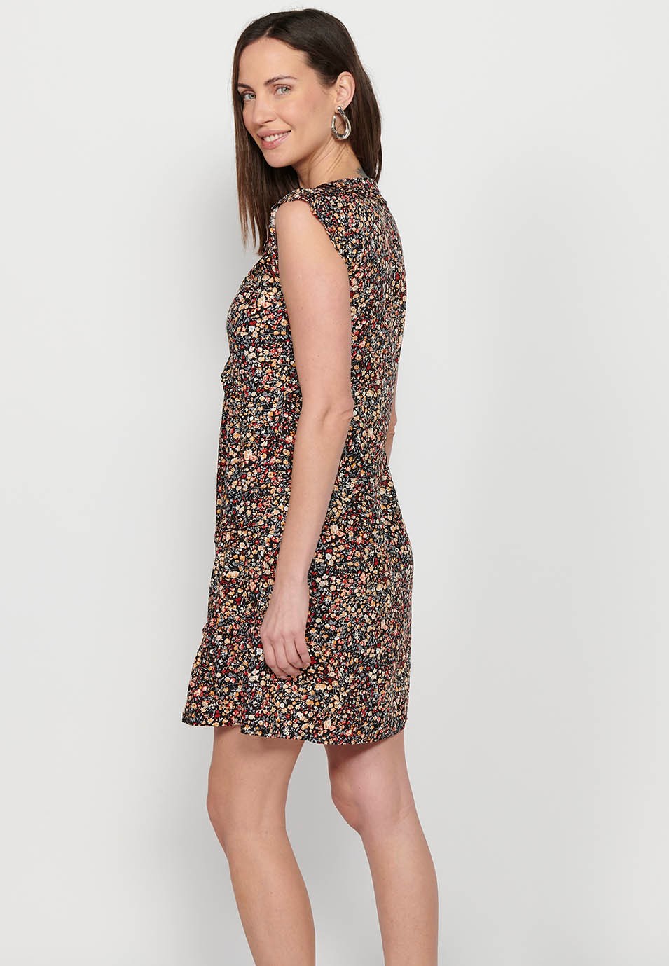 Short sleeveless dress with ruffle detail on the shoulders with V-neckline and Multicolor floral print for Women 7