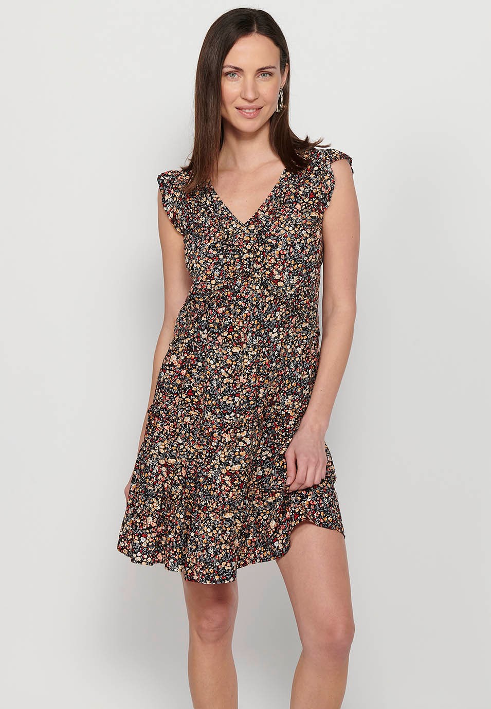 Short sleeveless dress with ruffle detail on the shoulders with V-neckline and Multicolor floral print for Women 8