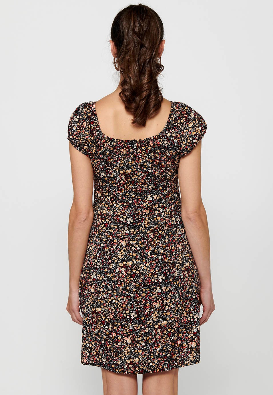 Damen-Kleid mit mehrfarbigem Blumendruck, kurzen Ärmeln, gerafftem Ausschnitt und Reißverschluss hinten 9