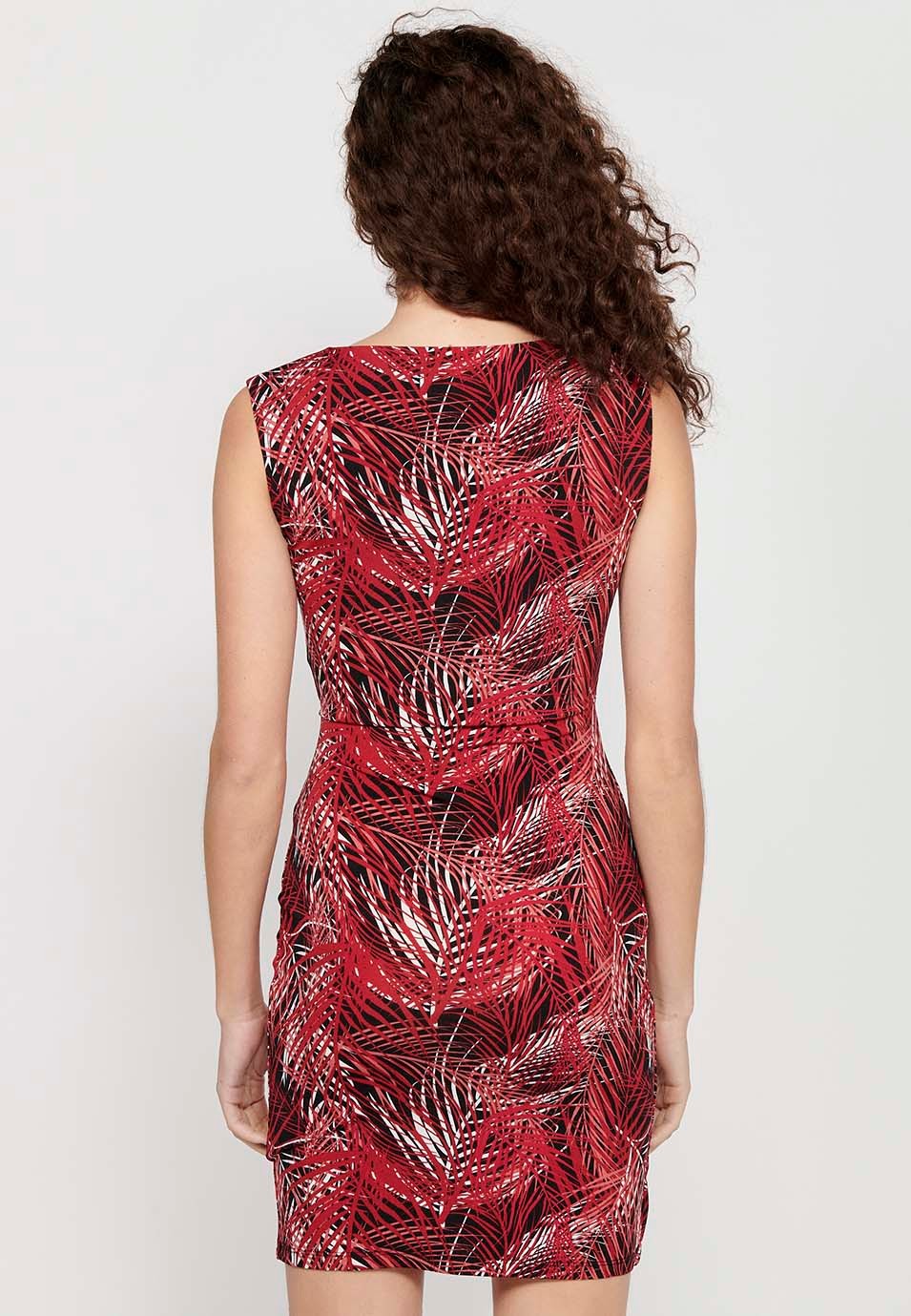 Ärmelloses Kleid mit gekreuztem V-Ausschnitt und rotem Blumendruck für Damen 7