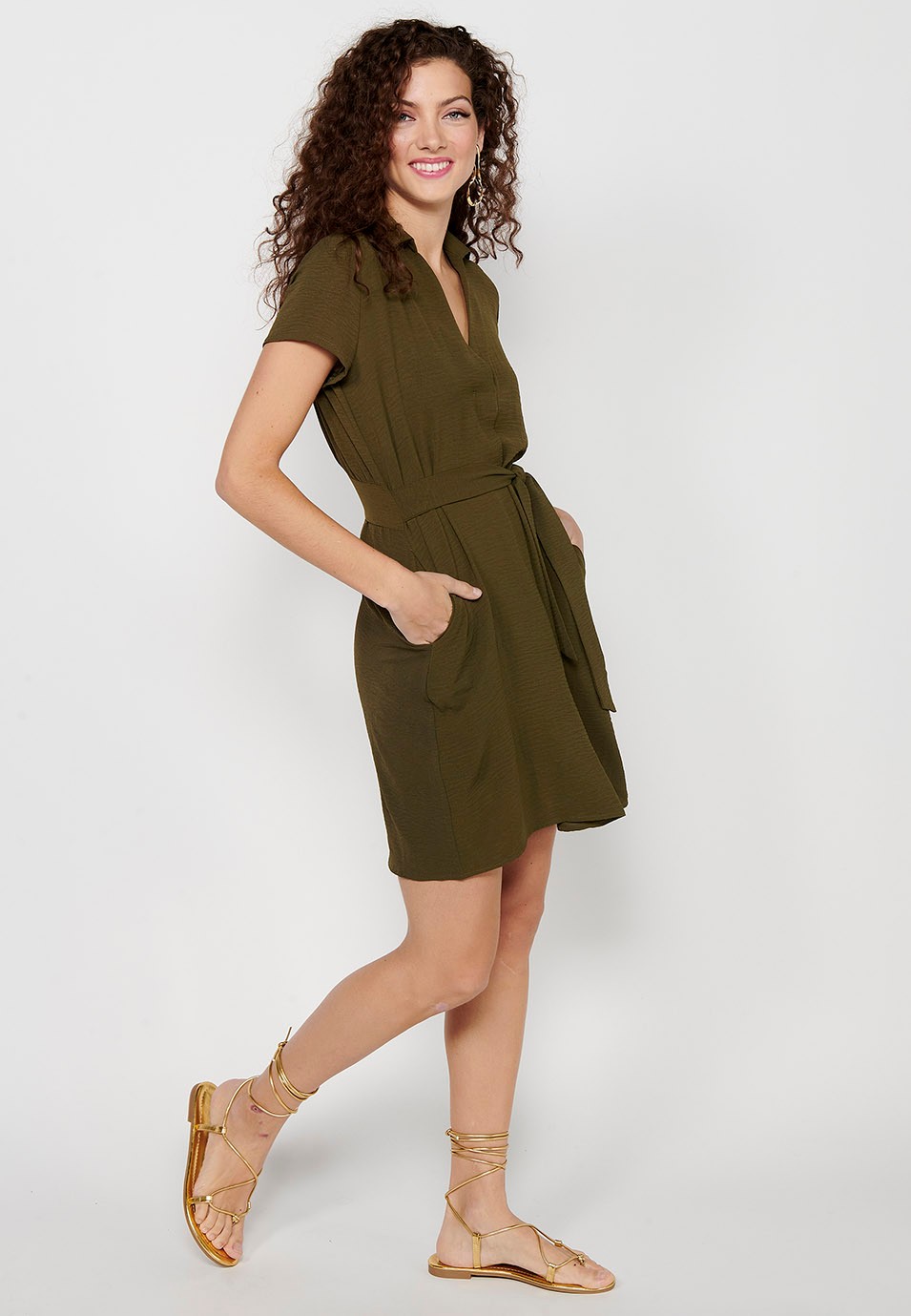 Khaki Short Sleeve Dress with V-Neck and Tight Waist for Women 3