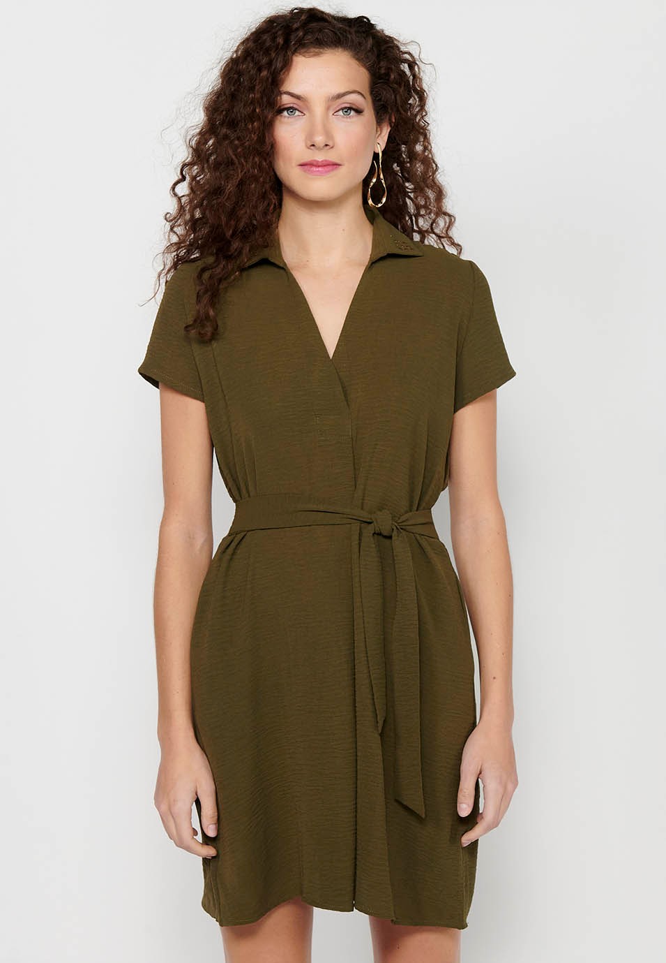 Khaki Short Sleeve Dress with V-Neck and Tight Waist for Women 2