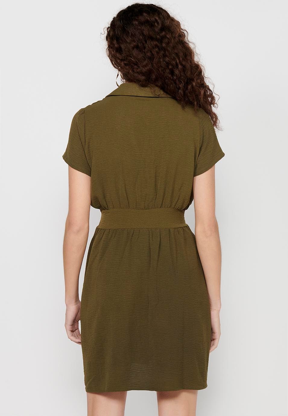 Khaki Short Sleeve Dress with V-Neck and Tight Waist for Women 7
