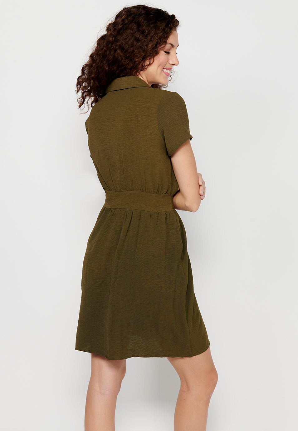 Khaki Short Sleeve Dress with V-Neck and Tight Waist for Women 8