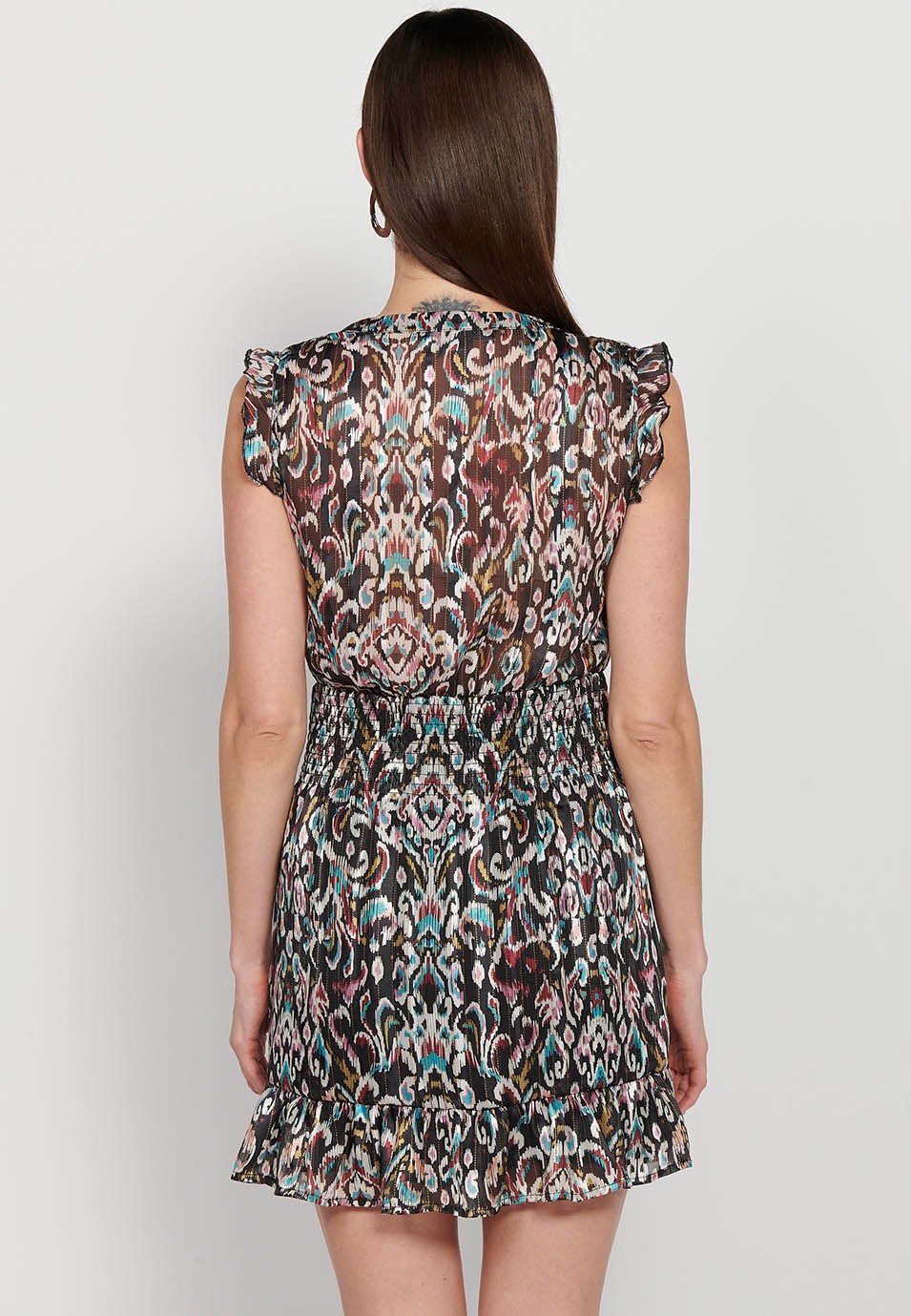 Kurzes ärmelloses Kleid mit gekreuztem V-Ausschnitt und enger Passform mit elastischem Bund in Mehrfarbig für Damen 3