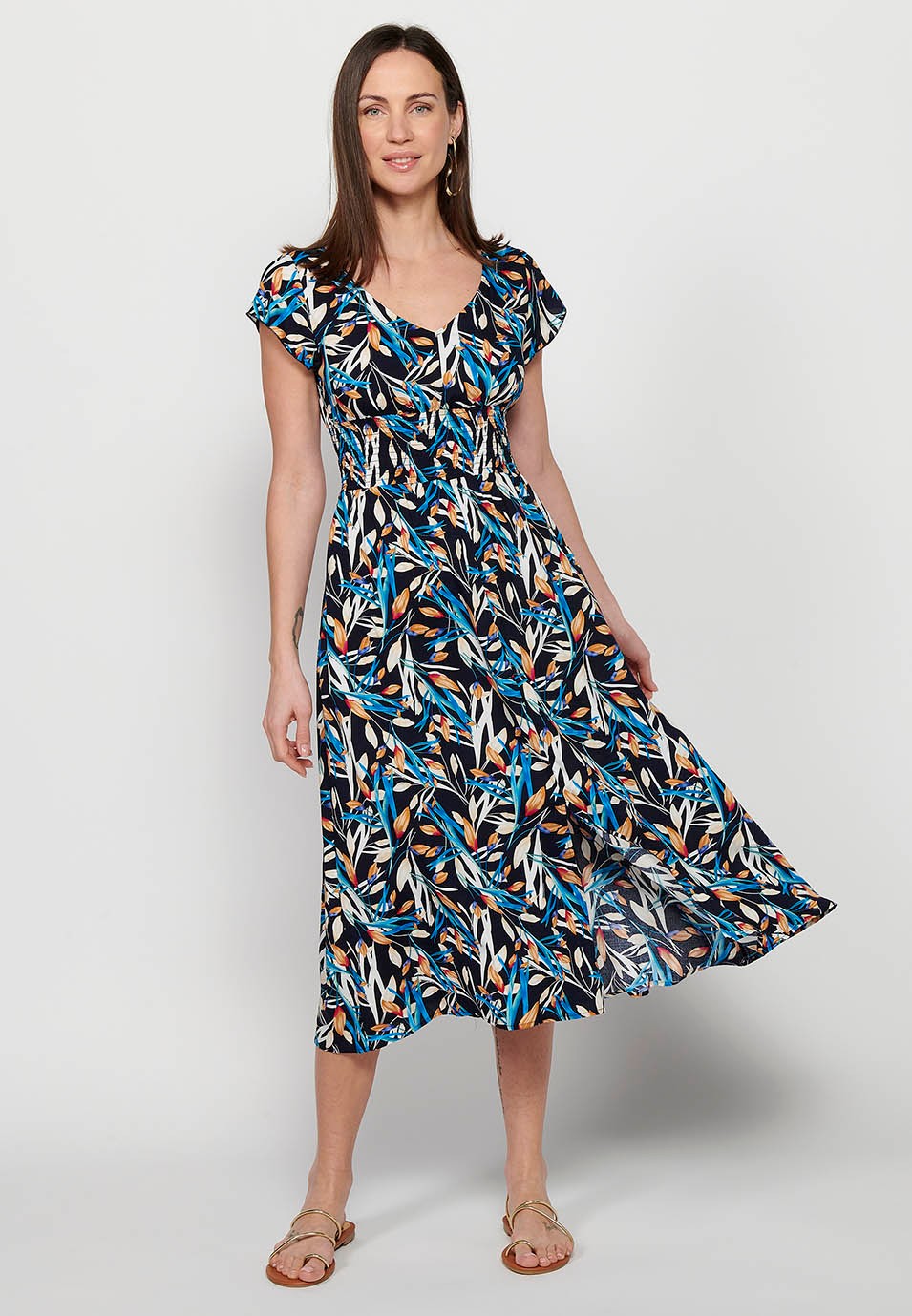 Damen-Kleid mit mehrfarbigem Blumendruck, V-Ausschnitt, kurzen Ärmeln und Schlitz vorne