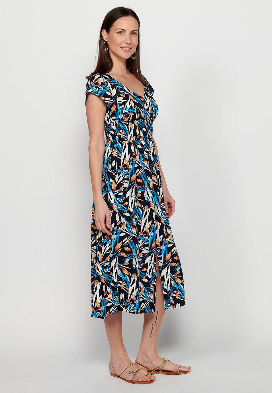 Damen-Kleid mit mehrfarbigem Blumendruck, V-Ausschnitt, kurzen Ärmeln und Schlitz vorne 3