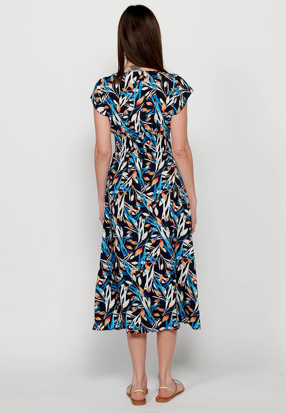 Damen-Kleid mit mehrfarbigem Blumendruck, V-Ausschnitt, kurzen Ärmeln und Schlitz vorne 1