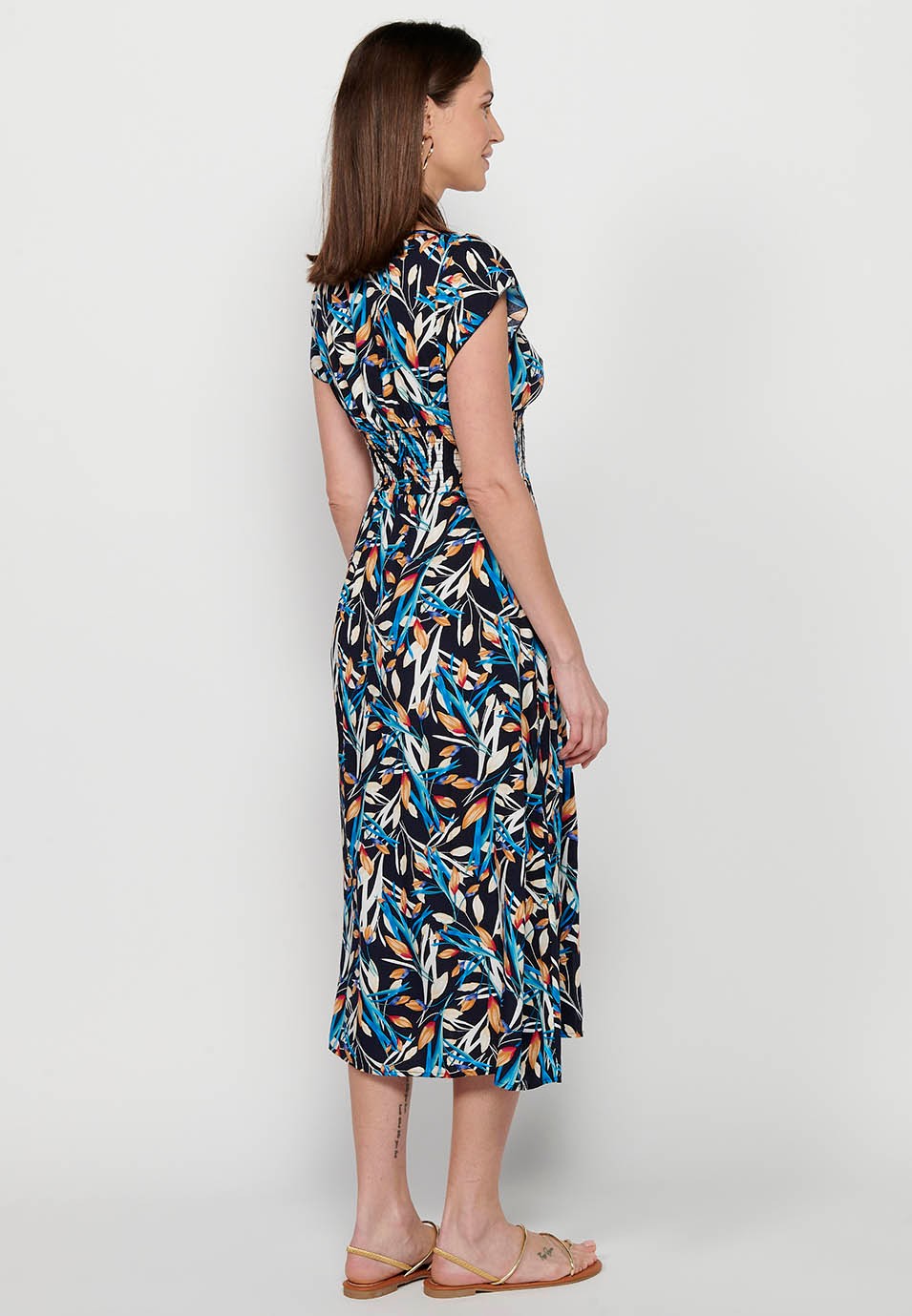 Damen-Kleid mit mehrfarbigem Blumendruck, V-Ausschnitt, kurzen Ärmeln und Schlitz vorne 6