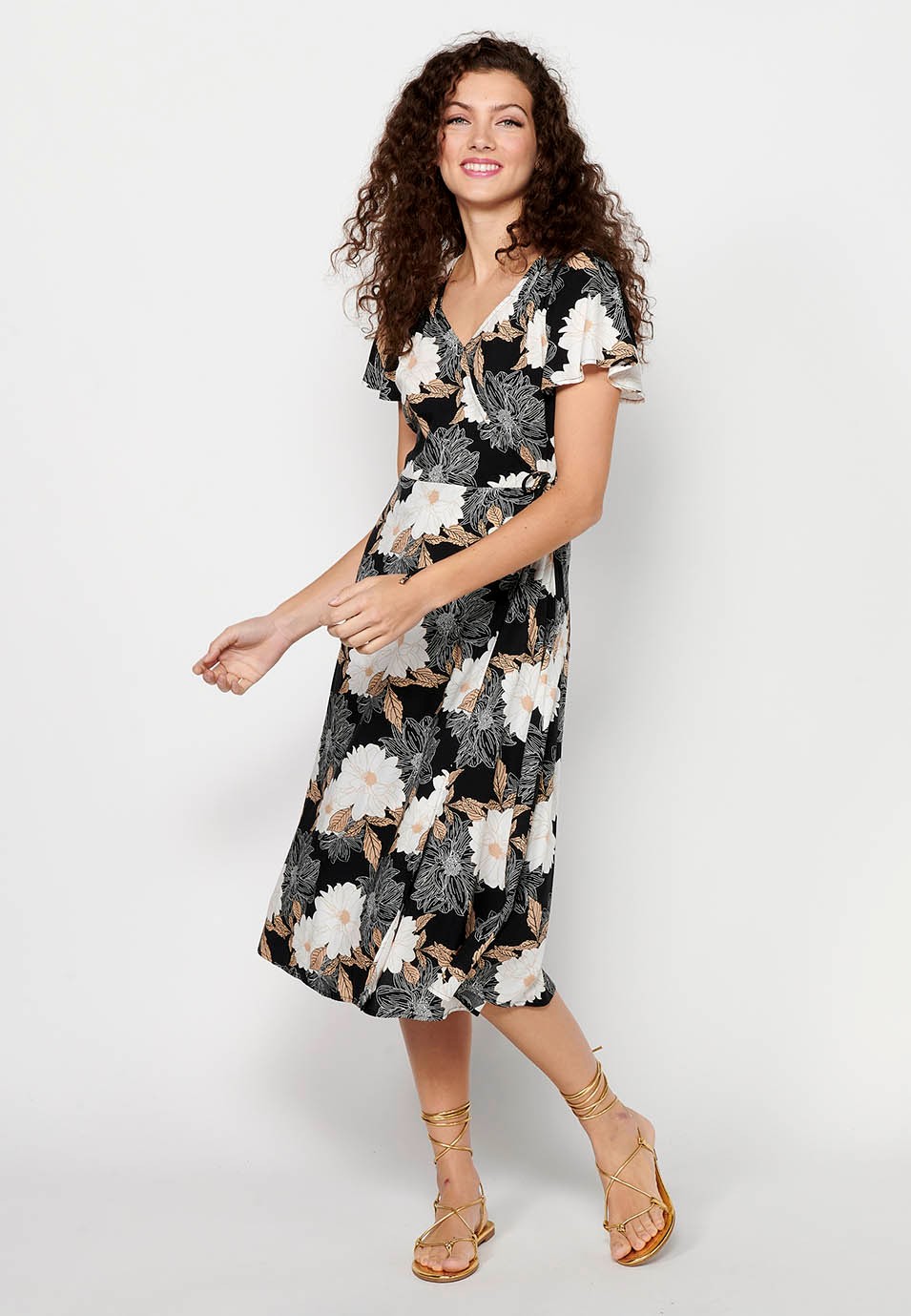 Vestido de manga corta con Escote pico cruzado y Estampado floral de Color Negro para Mujer 4