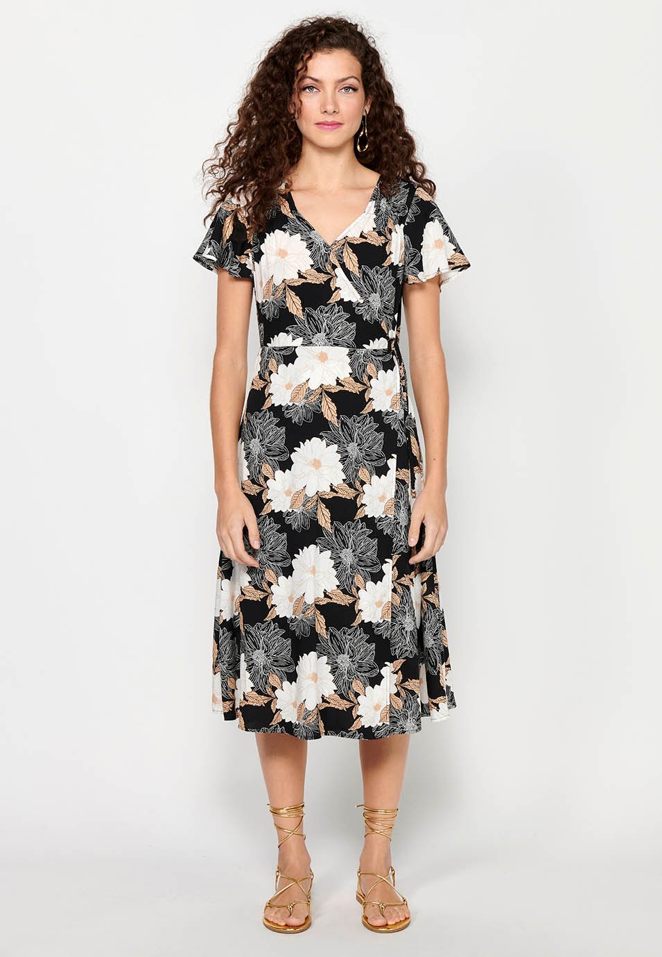 Kurzärmliges Kleid mit überkreuztem V-Ausschnitt und Blumendruck in Schwarz für Damen 1