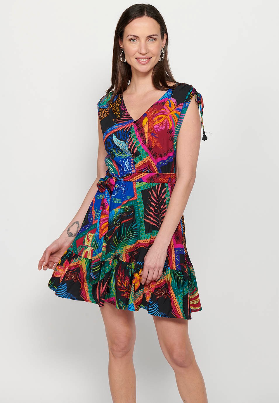 Short sleeveless dress with V-neckline and ethnic print with Multicolor shoulder details for Women
