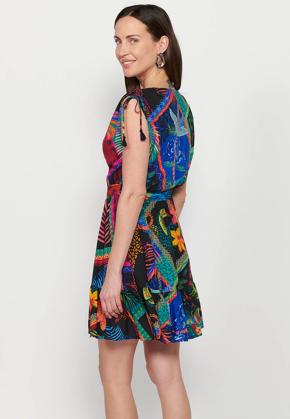 Short sleeveless dress with V-neckline and ethnic print with Multicolor shoulder details for Women 2