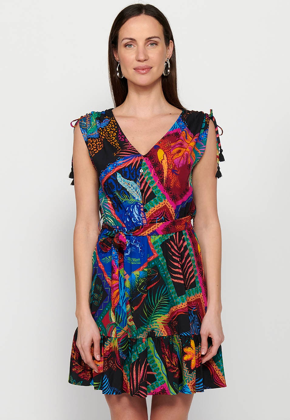 Short sleeveless dress with V-neckline and ethnic print with Multicolor shoulder details for Women 4