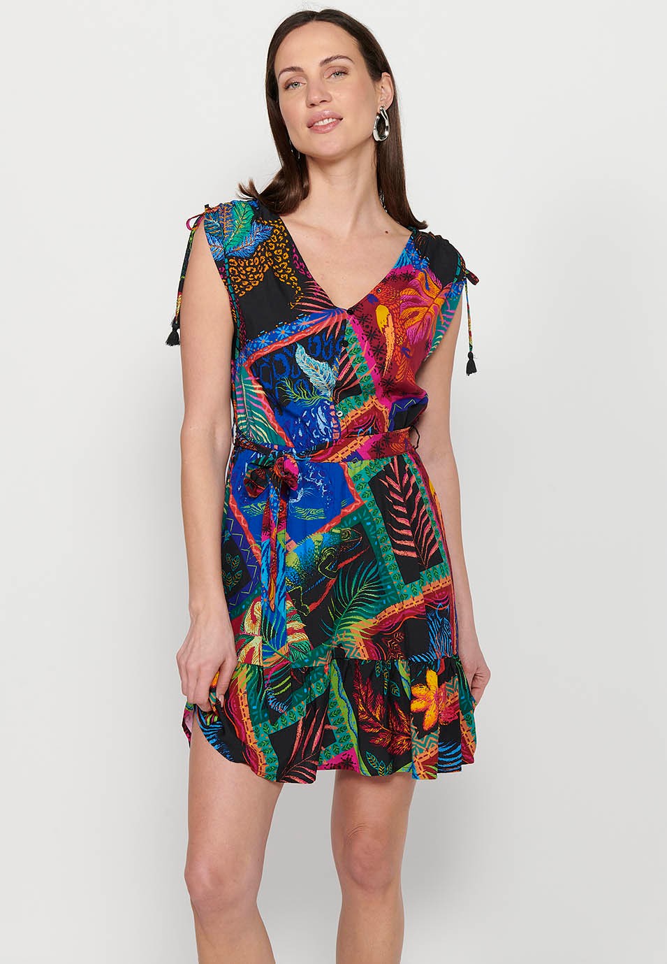 Short sleeveless dress with V-neckline and ethnic print with Multicolor shoulder details for Women 6