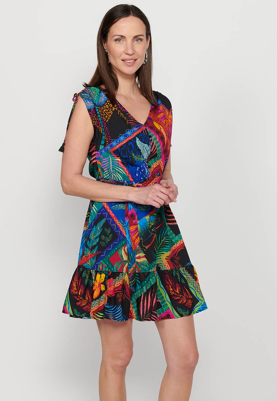 Short sleeveless dress with V-neckline and ethnic print with Multicolor shoulder details for Women 8
