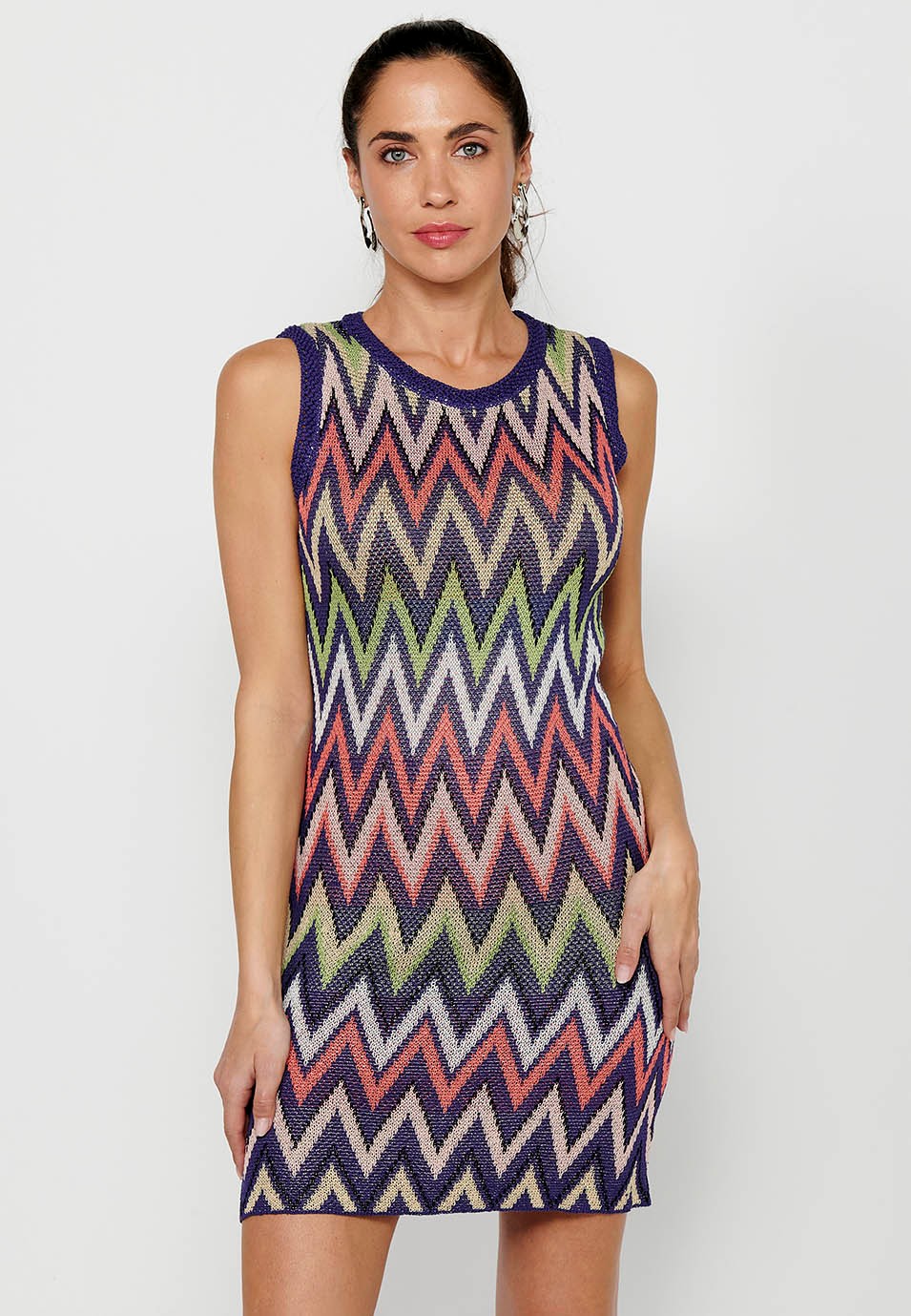 Women's Multicolor Striped Tricot Style Round Neck Sleeveless Short Dress 6