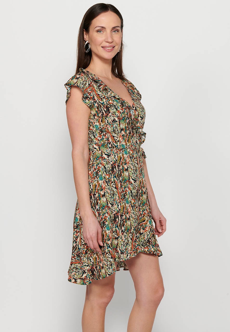 Robe midi sans manches avec encolure en V croisée et taille caoutchoutée en Multicolore pour Femme 4