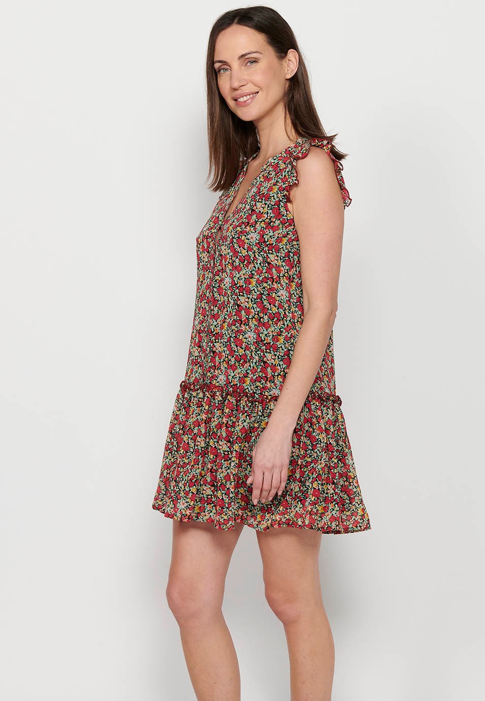 Short shirt dress with hip cut and ruffle finish with button front closure and Multicolor floral print for Women 2