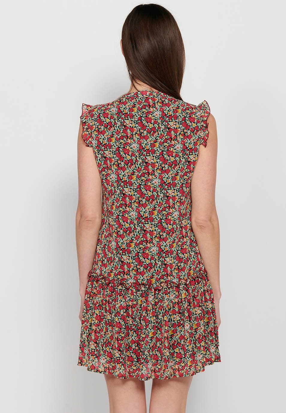 Kurzes Hemdblusenkleid mit hüftigem Schnitt und Rüschenabschluss mit Knopfverschluss vorne und mehrfarbigem Blumendruck für Damen 3