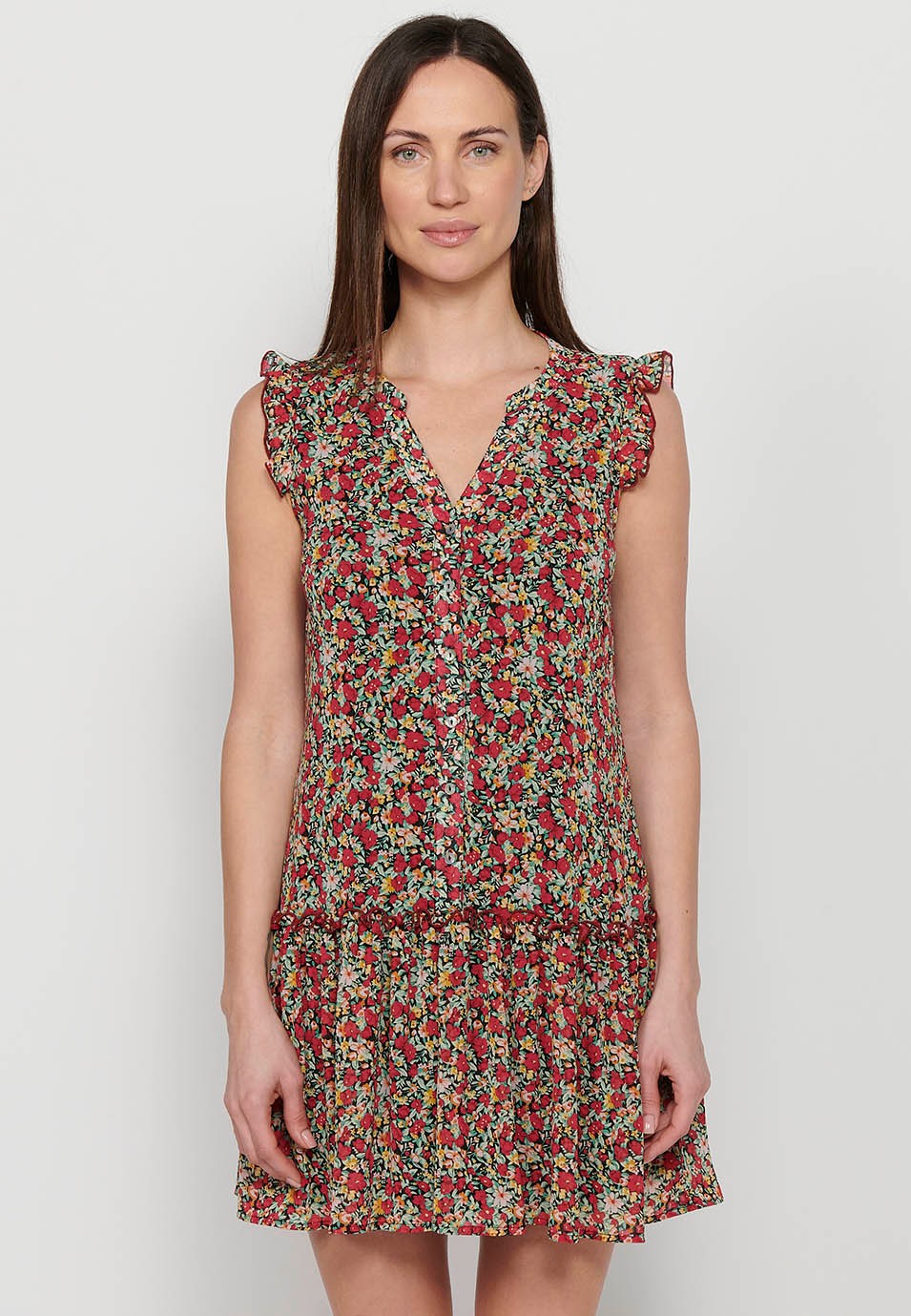 Kurzes Hemdblusenkleid mit hüftigem Schnitt und Rüschenabschluss mit Knopfverschluss vorne und mehrfarbigem Blumendruck für Damen 4