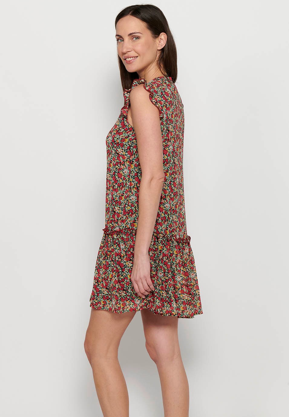 Short shirt dress with hip cut and ruffle finish with button front closure and Multicolor floral print for Women 5