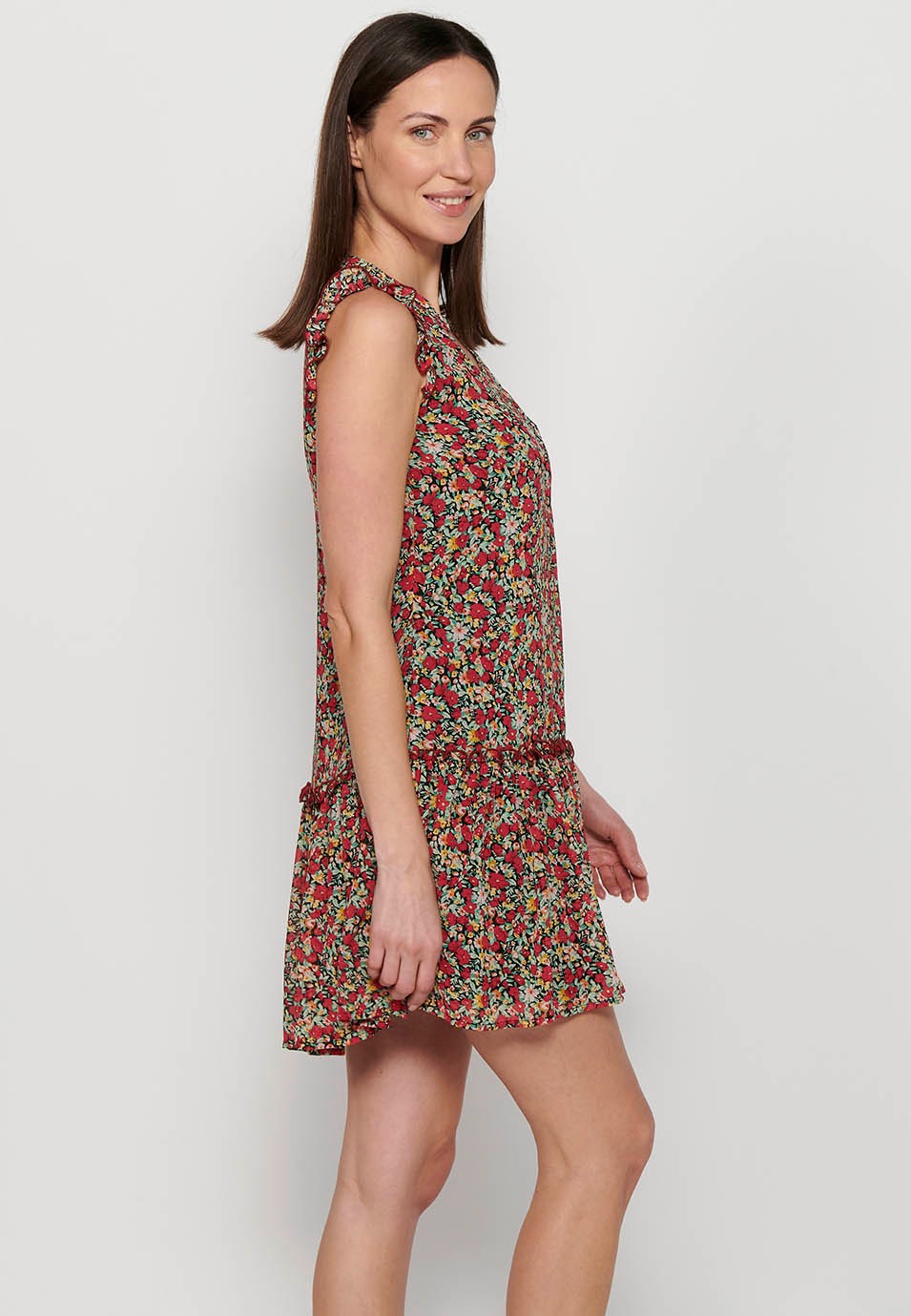 Short shirt dress with hip cut and ruffle finish with button front closure and Multicolor floral print for Women 8