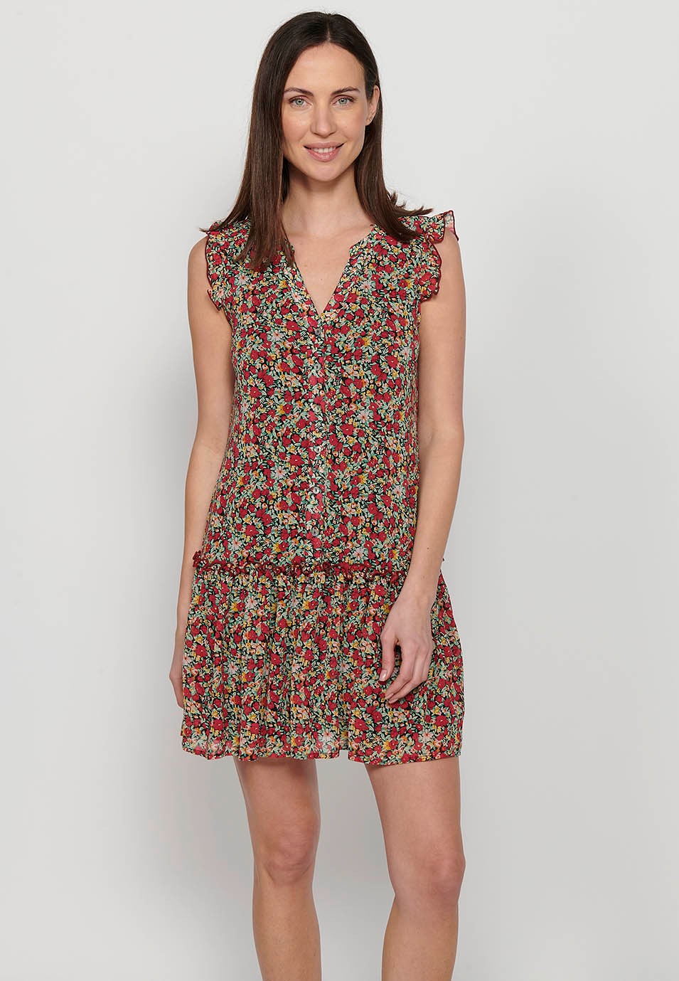 Kurzes Hemdblusenkleid mit hüftigem Schnitt und Rüschenabschluss mit Knopfverschluss vorne und mehrfarbigem Blumendruck für Damen 6