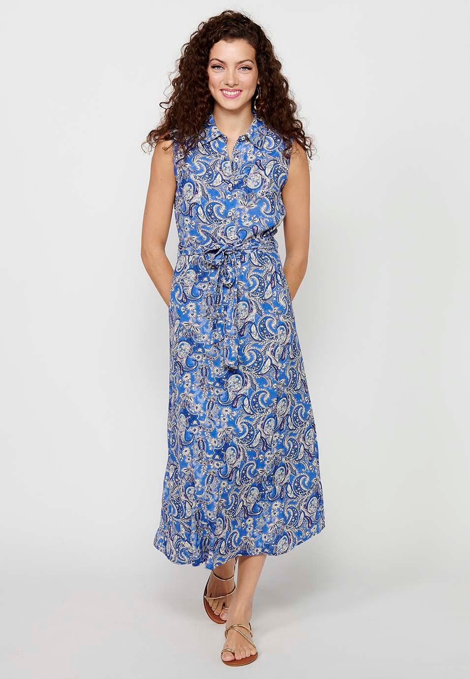 Langes, kurzärmliges Kleid mit Blumendruck und vorderem Verschluss mit Knöpfen ab der Taille in Blau für Damen