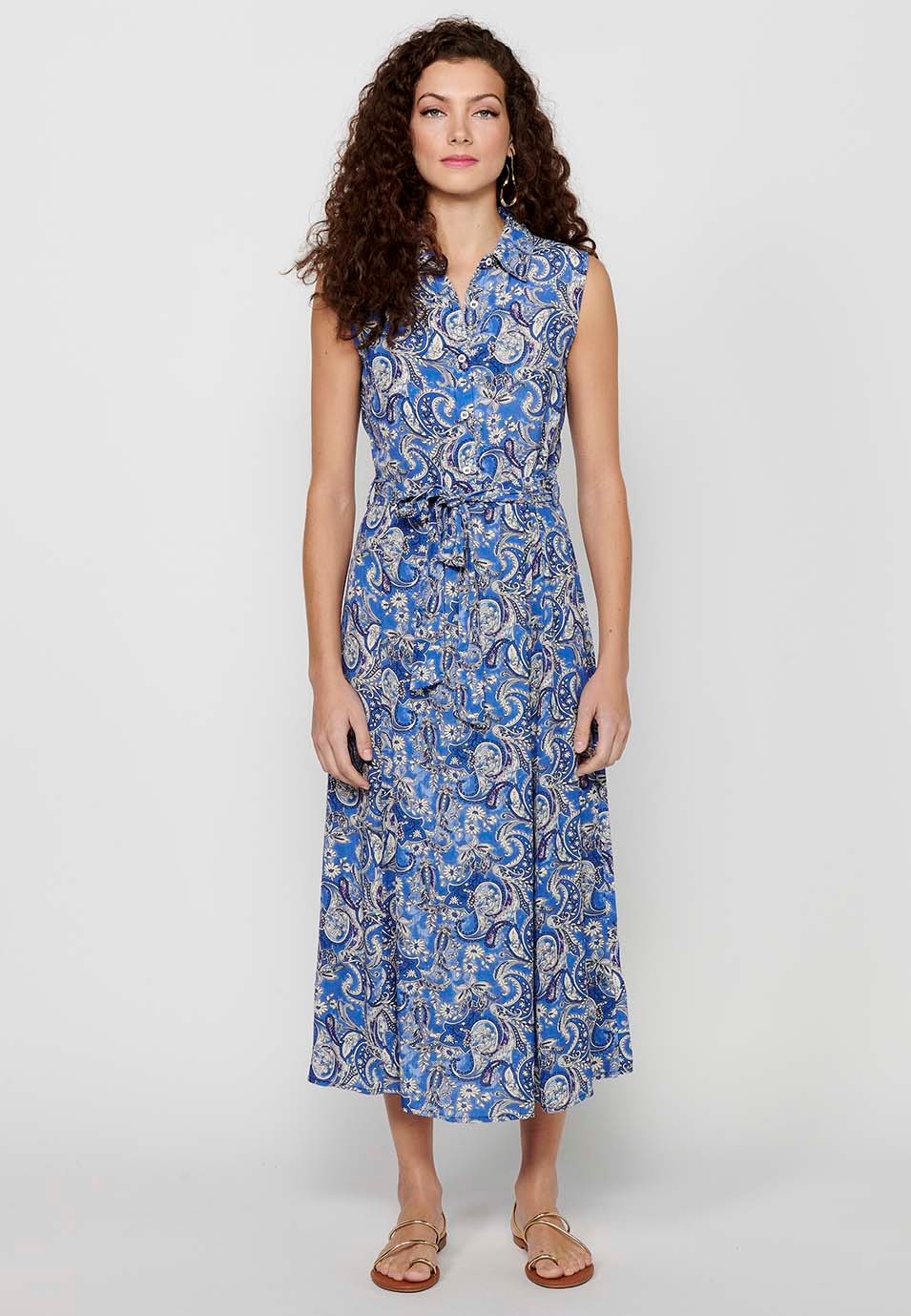 Langes, kurzärmliges Kleid mit Blumendruck und vorderem Verschluss mit Knöpfen ab der Taille in Blau für Damen 1