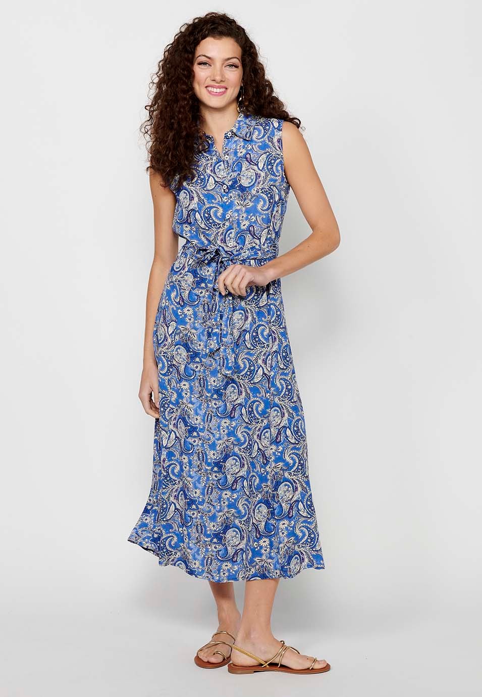 Robe longue à manches courtes avec imprimé floral et fermeture sur le devant avec boutons à partir de la taille en Bleu pour Femme 2