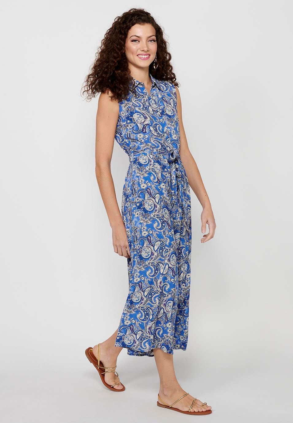 Robe longue à manches courtes avec imprimé floral et fermeture sur le devant avec boutons à partir de la taille en Bleu pour Femme 4