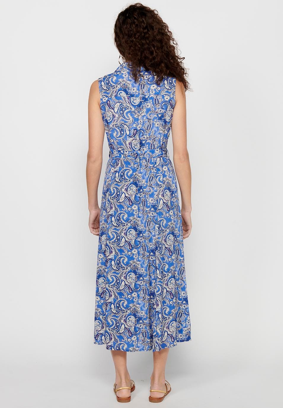 Robe longue à manches courtes avec imprimé floral et fermeture sur le devant avec boutons à partir de la taille en Bleu pour Femme 7