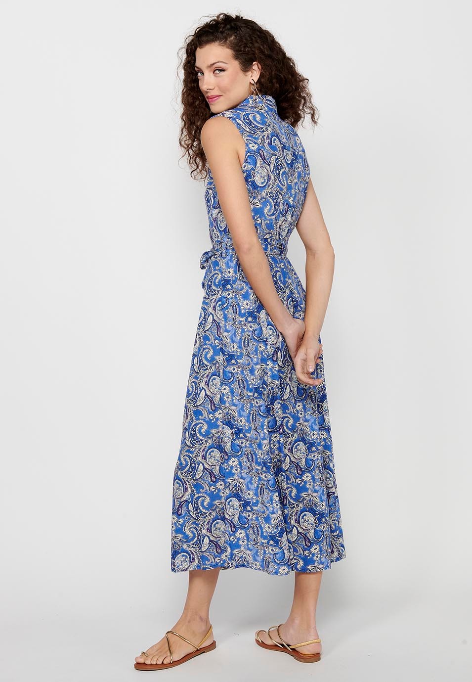 Robe longue à manches courtes avec imprimé floral et fermeture sur le devant avec boutons à partir de la taille en Bleu pour Femme 5