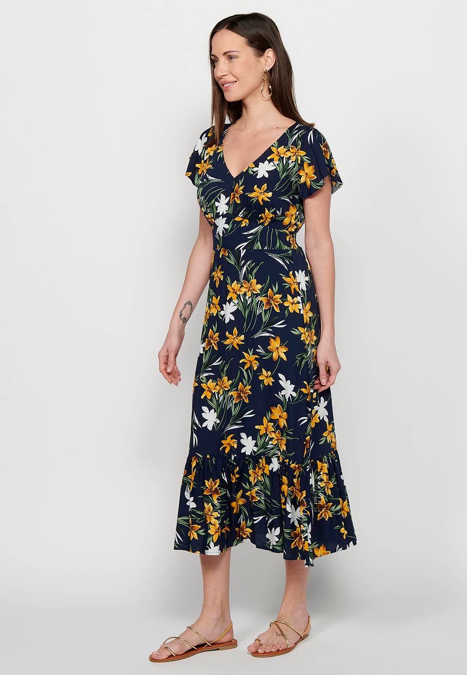 Long short-sleeved dress with V-neck and floral print in Navy for Women