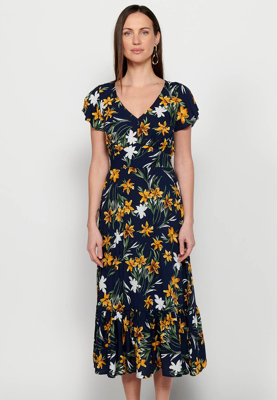 Long short-sleeved dress with V-neck and floral print in Navy for Women 2