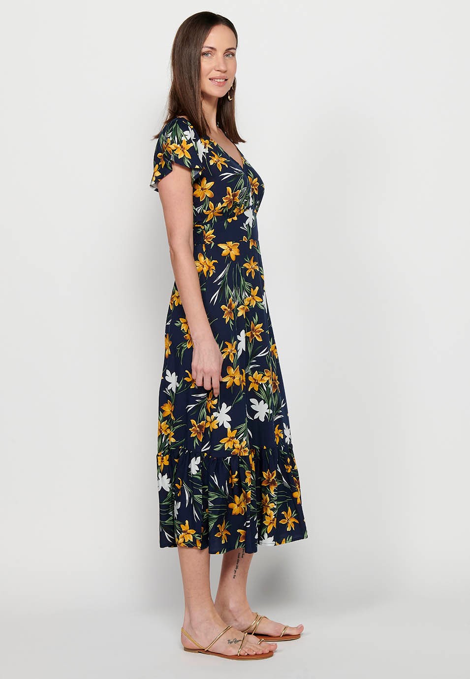 Long short-sleeved dress with V-neck and floral print in Navy for Women 5