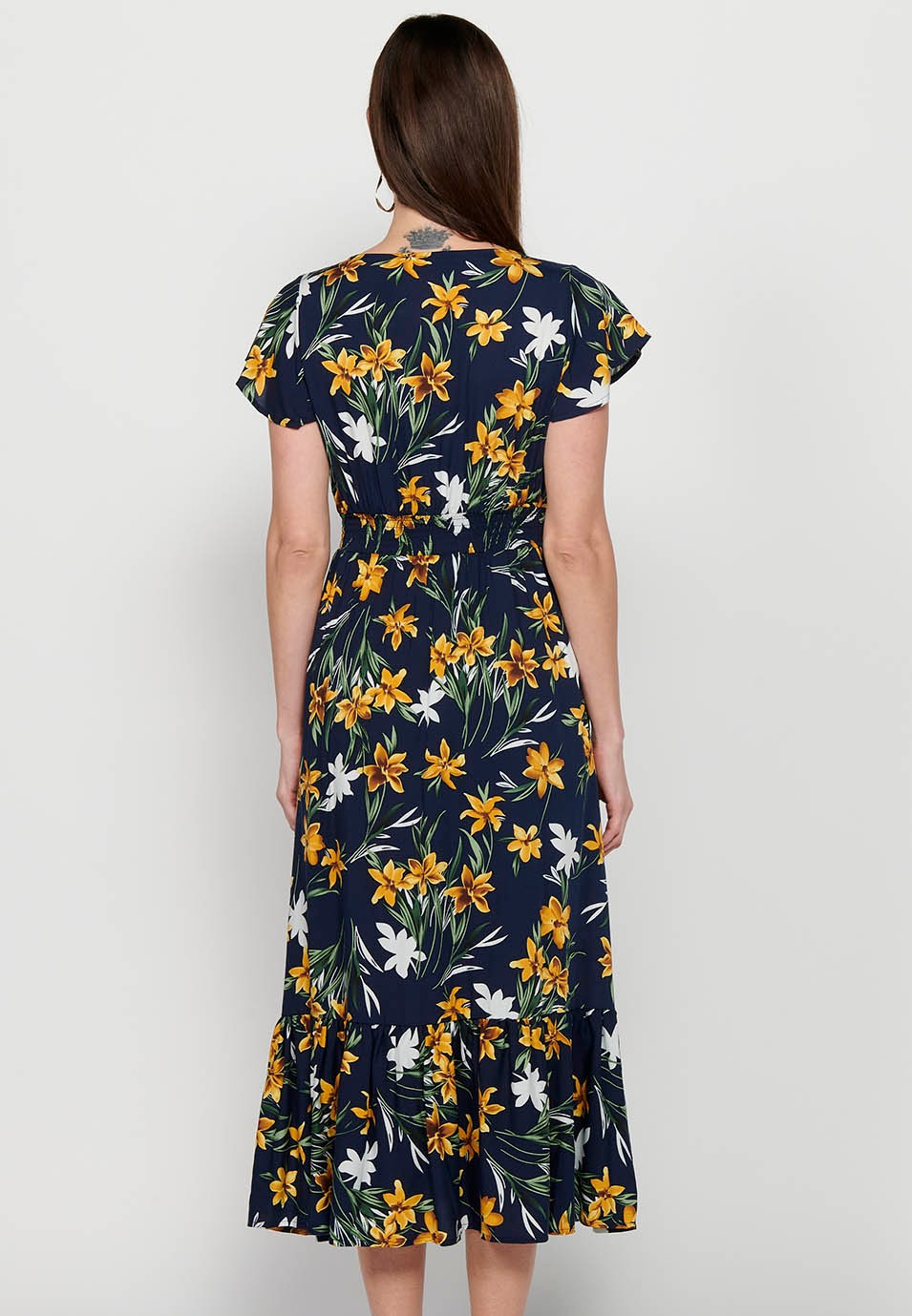 Long short-sleeved dress with V-neck and floral print in Navy for Women 6