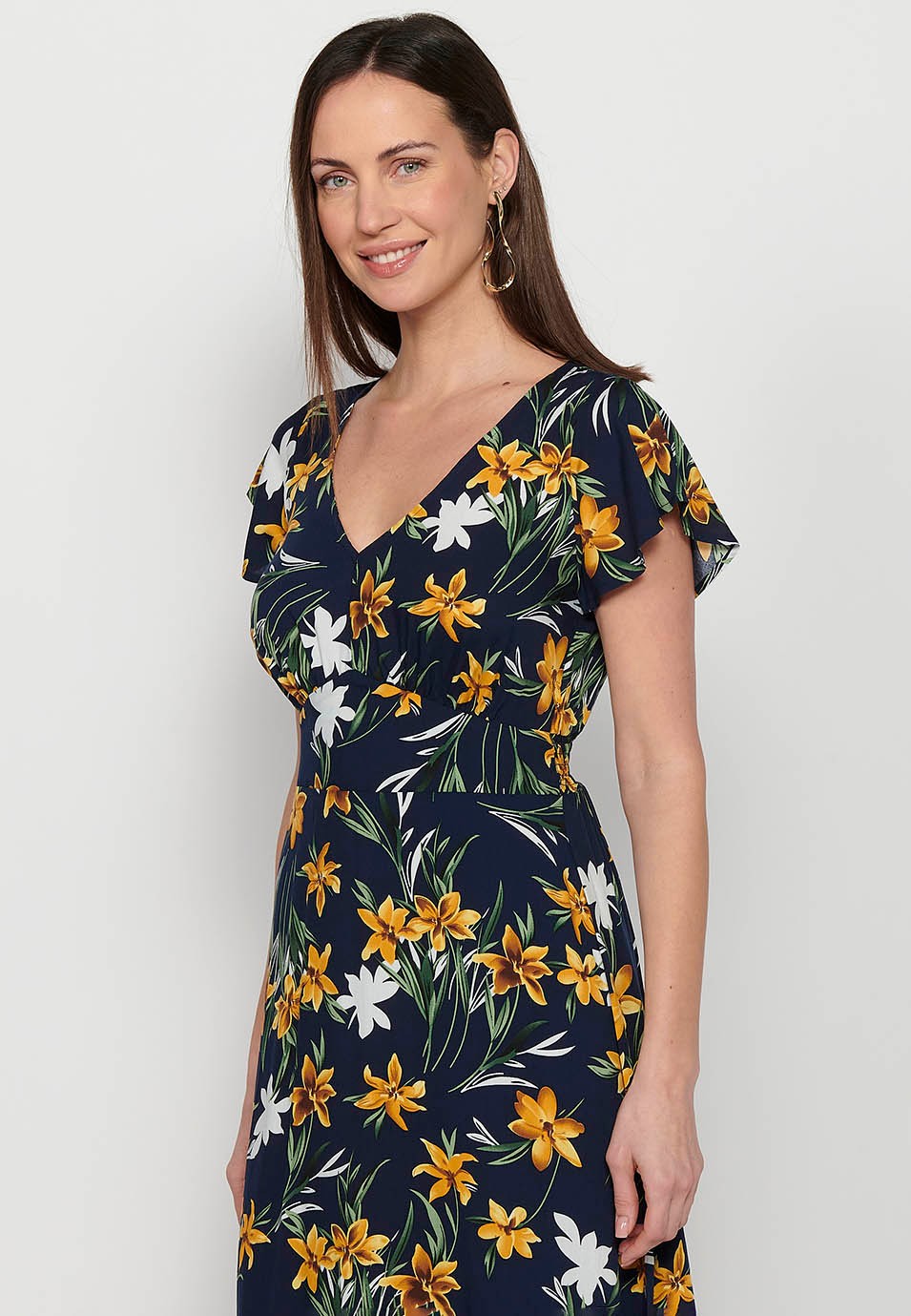 Long short-sleeved dress with V-neck and floral print in Navy for Women 1
